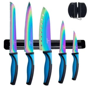 Kitchen Knife Set Kit 5 Dishwasher Safe Colorful Knives Knife Sharpener & Magnetic Wall Bar Titanium Non Stick Plating Stainless Steel