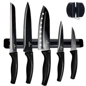 Kitchen Knife Set Kit 5 Professional Grade Iridescent Blade Knives Includes Knife Sharpener & Magnetic Wall Hanger All Black with Black Knife Rack