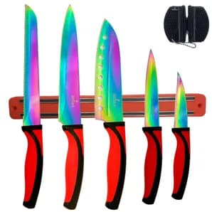 Kitchen Knife Set Kit 5 Professional Grade Iridescent Blade Knives Includes Knife Sharpener & Magnetic Wall Hanger Red Handle with Red Knife Rack