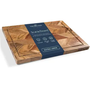 Large Cutting Board Acacia Wood Meat Chopping Board Butcher Block with Juice Groove Chevron Chequered Style 1  Thick & Food grade Serving Board 16 x12