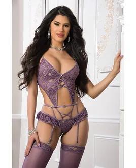 2PC MIXED CORSET STRAPPY GARTER TEDDY MAUVE MERLOT O/S 