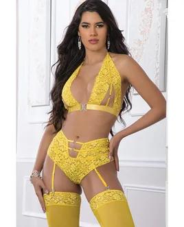3PC HIGH WAIST GARTER LACED PANTY SET ILLUMINATING O/S 