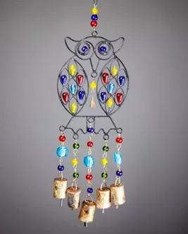 Beaded Owl Colored Glass Brass Bells For Wall Hanging
