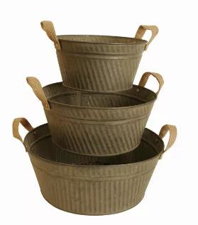 Iron Pail W/ Burlap Hndl Round S/3