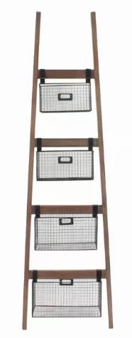 Wall Ladder Shelf & Bookcase with Wire Storage Baskets