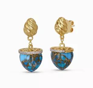 Glory of the Sun Turquoise & Diamond Drop Earrings in 14K Yellow Gold Plated Sterling Silver
