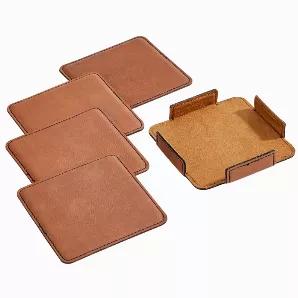 Protect those precious surfaces with our set of 4 caramel colored leatherette coasters. Each coaster meaures 3.75" x 3.75" and they sit in a caramel colored leatherette holder. This item can be laser engraved and the engraving will show as black. Gift boxed.