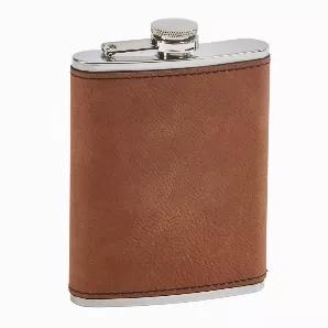 Our Caramel Leatherette covered steel flask holds 8oz and at only 5.25" H it fits perfectly in your pocket or purse. The caramel color adds to the stylish look of this flask for either men or women. This item can be laser engraved and the engraving will show as black. The hinged top ensures that the cap will never go missing. Perfect size for pocket or purse. Gift Boxed.