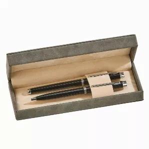 This grey leatherette rectangular box has a hinged cover that opens to reveal two beautiful writing instruments resting in a cream color foam insert. The set includes a rollerball pen and a ballpoint pen, both with black ink, both pens take a standard ink refill. The pens have a black finish with silver accents. When the grey leatherette is laser engraved, the engraving will show up as black on the item. Measurements: 1.5" H x 2.5" W x 7" L. Gift boxed.