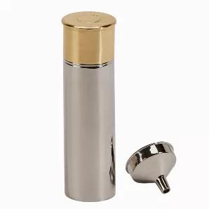 Here's a great gift for the outdoors person in your life. This unique stainless steel flask resembles a 5" tall larger-than-life shotgun shell. But open the gold-toned top and find the screw-off lid of the flask that holds up to 3 ounces. The set includes a funnel for easy loading and is presented resting in a black foam insert inside a black gift box.
