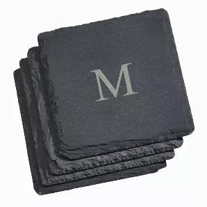 These 4" square genuine natural slate coasters feature textured edges and 4 padded feet on each coaster. Intended as coasters, we've heard of uses as mini-cheese or snack servers, and even buffet signs too. Write on them with chalk - it wipes clean with a damp cloth. You can add a laser etched monogram, too (engraving available - check for additional cost if applicable). The set of four makes a great housewarming or wedding gift. Gift boxed.