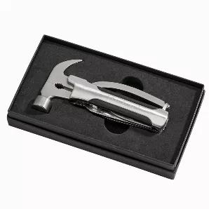 Looking for a gift that is stylish as well as functional and practical and looks great with a name or monogram? Look no further than our stainless steel hammer and multifunction tool. This tool has it all, 10 tools in 1, a hammer, pliers, 2.5" blade, 2.5" saw blade with file, flat head screwdriver, Phillips head screwdriver, bottle opener, reamer and wire cutter. 5.25" L x 3" W, includes black pouch. Black Gift Box.