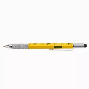 Our Yellow Pen / Multi Tool covers all of your basics! The heavy-duty, multifunction pen tool features a handy tablet or smartphone stylus, a hidden screwdriver with both flathead and Phillips head bits, a bubble level, a universal 3 inch / 7 centimeter ruler - 6 tools in one! In order to access the screw driver bits, just unscrew the stylus. The stylus tip can then screw back on over the pen tip so that you do not lose it! There is room on several sides of the pen to add optional engraving if d