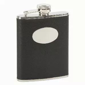 It's sleek, it's styling and it's the right size. Our 6oz Black leatherette wrapped Stainless Steel flask comes with an engraveable plate (1.875" x 1.875") so you can personalize this item. We have thought of it all: the cover is hinged so you will never lose it and the flask comes with its own funnel so you don't lose a drop of your favorite beverage when filling the flask. This black flask is perfect for men or women. Its overall size is 5.25" high and 3.75" wide to fit flawlessly in pocket or