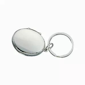 This oval shaped hinged locket key chain holds 2 photos approximately 1" x 1.25". Keep those treasured photos with you when you are on the go. The oval locket measures 1.75" x 1.5". The ring is about 1.375" diameter. The bright silver finish is nickel plated and will not tarnish. Packed in a black gift box.