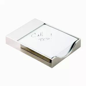 This sleek memo pad holder will look great on any desk and will help keep your desk organized. It measures 6" x 4.5". The shiny silver finish is nickel plated and will not tarnish. White paper is included. There is plenty of room at the top of this memo pad holder to include a special message or monogram to personalize this gift . Packed in green gift box.