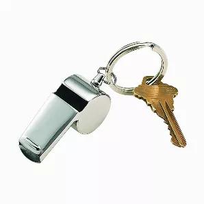 Our coach's style key chain whistle is perfect for use on the field or as an everyday safety feature. The brightly polished stainless steel whistle has a non-tarnish finish. Overall dimensions are 2" x 1" x.75". Gift boxed