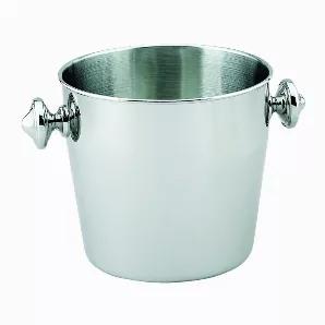 Stainless steel champagne bucket fashioned from high quality, highly polished steel. This bucket is 7.5" tall and 11" wide from handle to handle. The cooling compartment is 8" diameter and the substantial knobs are almost 3" in diameter - a nice design element and fully functional, too. Add a monogram for that personal touch. Boxed.