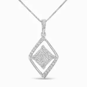 This geometric double rhombus necklace is set with 1/3 Carat Total Weight of natural, beautiful diamonds. Sure to shine on your neck, this pendant is designed with the finest 10k white gold. Boasting a total diamond weight of 1/3 Carat Total Weight, this piece will be a standout in your jewelry collecaration. Comes with an 18" box chain.