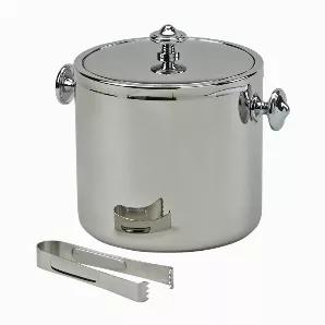 Our stainless steel covered ice bucket is a must have for any party! The stainless steel ice bucket has an insulated liner to help keep the ice from melting too quickly. The removable cover has a knob style handle that matches the two handles on the sides of the ice bucket. The knob on the cover is 1.25" in diameter and the knobs on the sides are 1.5" in diameter. Overall dimensions of the ice bucket are 6.5" H x 5.75" diameter. A 4.75" stainless steel ice tong is included with the ice bucket. N