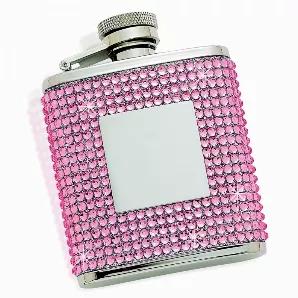 Treat girls night out with the respect it deserves with our pink crystal covered flask. Our 2.5 oz. Stainless steel flask is covered front and back with pink crystals except for a 1.25" x 1.25" square on the front to the flask. This space is left open to hold the bright finish self adhering engraving plate that is included with the flask so you can add personalization. The lid is hinged so that you can not lose or misplace the it. The flask has a non tarnish finish and the overall dimensions are