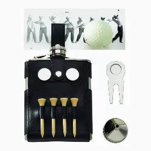 You will never have to leave the golf course when you are carrying this most important piece of equipment, our stainless steel, leather wrapped Golfer's Flask. Not only does this flask hold 6oz of your favorite beverage but it has four wooden tee's, two silver golf ball markers and a divot tool. Also comes with a strap to attach the flask to your belt or golf bag. And not to worry, you will never misplace the hinged cap. Overall dimensions are 5.25" H x 3.75" W. Gift boxed.