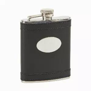 It's sleek, it's styling and it's the right size. Our 6oz Black leatherette wrapped Stainless Steel flask comes with an engrave-able plate (1.875"x 1.875") so you can personalize this item. We have thought of it all: the cover is hinged so you will never lose it and the flask comes with its own funnel so you don't lose a drop of your favorite beverage when filling the flask. Its overall size is 5.25" high and 3.75" wide to fit flawlessly in pocket or purse. Non-tarnish finish. Gift Boxed.