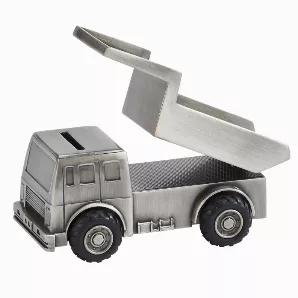 Load up on the savings when you give our "Dump Truck" bank as your next gift. Our dump truck bank is manufactured in a non-tarnish, brushed pewter finish and is crafted with amazing details including working rubber tires and a moveable bed. The coin slot is located on the roof. Overall dimensions are 3" H x 2.5" W x 5" L. Gift boxed.