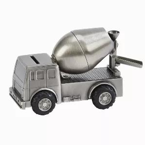 Mix up the savings with our cement mixer bank! Our cement mixer bank is manufactured in a non-tarnish, brushed pewter finish and is crafted with amazing details including working rubber tires. The coin slot is located on the roof. Overall dimensions are 3.5" H x 2.75" W x 5" L. Gift boxed.