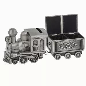 Looking for the perfect combination gift for the new addition to any family? You can't go wrong with our combination train bank and first tooth and first curl caboose set. The set includes a classic train bank with the money slot on the roof, along with a caboose that opens to allow storage of a first tooth and a first curl. The bank is perfect to hold money that the tooth fairy leaves! The set is made in a non tarnish pewter finish and there is room to add optional personalization to the roof o