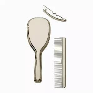 Help your little princess look like the star that she dreams to be with our classic comb and brush set. The set is produced in a non-tarnish bright nickel plated finish. The comb is 4.75" L and has white "teeth". The brush has an elegant handle and measures 6" x 2.125". If you wanted to add an engraving, the optimum engraving area is 3" x 2/125" and is totally flat. Sheridan photo gift box.