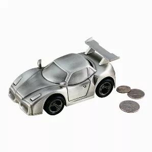 Race towards savings with our sports car bank. This bank is done in a non tarnish brushed pewter finish and has great details. You will love the genuine rubber tires that are mounted on alloy rims and actually allow you to "race" the sports car bank. The bank also features a rear spoiler and dual side mirrors among its many details. The coin slot is on the back window. The overall dimensions are 1.75" H x 2.5" W x 4.75" L. Light green gift box.