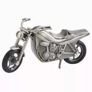 Zoom in and catch the savings with our motorcycle bank! Our motorcycle bank is manufactured in a non-tarnish, brushed pewter finish and is crafted with amazing details including working rubber tires, moveable kickstand and steering. The coin slot is located just behind the seat. Overall dimensions are 4" H x 2" W x 6.75" L. Gift boxed.