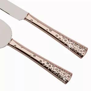 This Galaxy 2 piece Cake Knife and Server Set may just be out of this world. The handles are finished in glistening rose gold and feature an array of embedded crystals twinkling like stars in the galaxy. The 13" long cake knife and the 11" long cake server/lifter feature stainless steel blades. All finishes are non-tarnishing. The set is presented on a white satin lining inside a silver colored lidded gift box.