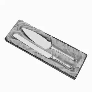 Elegant, beautifully crafted, two-toned, and perfect with its band of crystals on the handles of this cake knife and server. In other words, perfect! The serrated edge knife is 11.75" long and the serrated edge cake server is 10" long. This non-tarnish set is gift boxed.