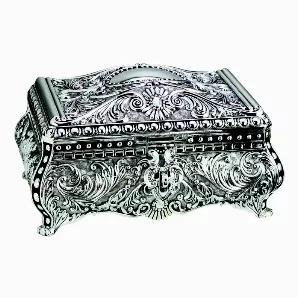 This elegant Victorian style footed box is 9" x 13" x 7" H. This beautiful antique finish will not tarnish. This box has a lift out tray with 3 compartments for jewelry below the tray. The hinged cover has an oval area that can be used to engrave (optional) a monogram. The cover and box have a dark blue flocked cloth lining. This box has room for lots of jewelry and trinkets.