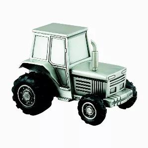 Help sow the seeds of a lifetime of savings with our tractor bank. Our replica tractor bank is manufactured in a non-tarnish, brushed pewter finish. You will love the many details including the grill, trailer hitch and smokestack, not to mention the actual working rubber tires that allow the bank to be rolled around. Kids of all ages will love to save with this fun bank. The coin slot is located on the back window and there are several possible engraving areas to use. Overall dimensions are 3" H