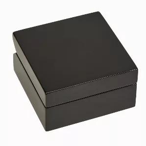 Looking for the perfect corporate gift? Stop wasting your time! Our square hinged wood box with a black piano finish opens to reveal a round clock face with silver trim and Quartz movement. Inside the lid, there is also a round brushed silver 2.25" diameter engraving plate that is included. The engraving plate sits in a pre cut recess. Once you add your engraving, the adhesive back is peeled off the engraving plate and it just sticks into place. Overall dimensions of the box are 2.875" x 2.875" 