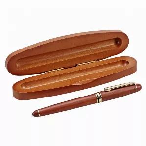 Our oval wood box and pen set are done in a rosewood colored finish. The rosewood roller ball wood pen with gold accents measures 5.625" long and takes standard ink refills, black ink included. The rosewood oval hinged box measures 6.75" long x 1.75" wide x .75" high. White gift boxed.