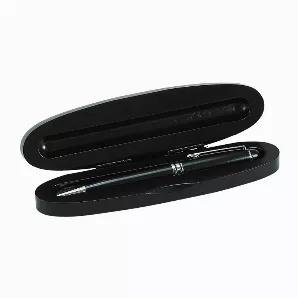 Our oval wood box and pen set are done in a black "Ebony" wood. The black ball point wood pen with silver accents measures 5.625" L and takes standard ink refills, black ink included. The black, wood oval hinged box measures 6.75" L x 1.75" W x .75" H. Gift boxed.