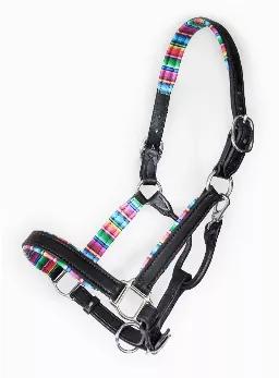 1" black leather halter with a serape colored soft leather padding. Stainless steel hardware.