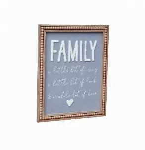 Family Wood Wall Hanging Sign<br> Wherever you go, you always love to go back home as it is where your family living together.<br> This family Decorative sign just adds more sweet and beauty to your home.<br> Delightful for your home or as a gift for friends, family members, loved ones or as a housewarming gift.<br> <br> <br> Product Specification:<br> Size: 17.25"W x 0.625"D x 20.875"H<br> Weight: 2.3 lbs<br> Material:MDF, Fabric, Yarn, Firwood<br> Color:Natural Wood & Gray & White<br> Size Mes