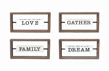 Love Gather Family Dream 4-Sided Rotating Wood Tabletop Sign<br> <br> This stylish wood sign boasts a unique rotating design. The white block is fixed in the brown, solid wood frame, making rotation more convenient.<br> Four sides of the block with different uplifting messages that read: Dream, Family, Gather, Love. Add a warm touch to your home.<br> Buy this cute rotating wood sign, you will earn 4 different tabletop signs. It is real value for money.<br> It is small, cute and lightweight, maki