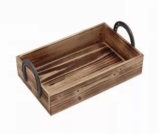 Rustic box tray gives farmhouse charm to home and makes home neat and comfortable.<br> <br> Material: Wood,cast iron handles<br> Theme: Bathroom, Organization<br> Item Dimension:The large box is 15-3/4"Wx9-7/8"Dx3-7/8"H (handle not included);The small box is 13-3/4"Wx8-5/8"Dx3-1/8"H (handle not included)<br> Package:1 set of 2 boxes<br> Capacity:Large one 33lbs;Small one 30lbs<br> To Our Dear Valued Customers:<br> All of our box organizers and Decor are handmade so that the wood box may have nat