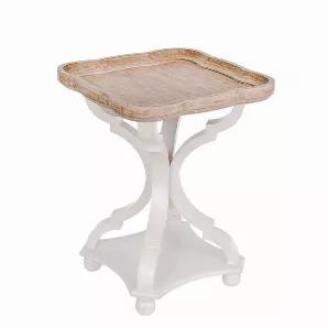Scalloped Accent Wood End Table<br> <br> Make a charming farmhouse statement in your home with the addition of French country inspired furniture!<br> This elegant and unique Wood Side Table features a solid white base that consists of graceful curves and 4 tuned feet,<br> and a scalloped tray tabletop in natural wood and whitewashed finish.<br> Place this charming accent table next to a couch or by the front door, to complement your stylish abode!<br> Arrange an eye-catching vase on top to showc