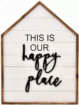 Overall Size Approx :19.9"Wx1"Dx26.8"H<br> Material:real wood frame,MDF board<br> Wood striped background and cutting HAPPY PLACE giving this plaque a vivid 3D touch<br> This hanging sign Decor would be a fantastic gift for your friends or your loved one<br> Comes with key hole slot on back to hang on wall or just place on mantle<br>