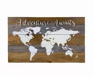 Satisfy your wandering heart with this Rustic Adventure Awaits World Map Wood Wall Decor!<br> This World Map Unframed Wood Wall Decor boasts a rustic brown and gray background with a wood-pallet look,<br> features a white printing world map in the center, and cutout metal words "Adventure Awaits" overlayed on the top.<br> Hang it as a focal piece on your wall with 2 pre-installed hooks on the back, and bask in the beauty of a stylish living space.<br> This is a great addition to your living room