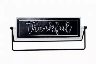 Fill your space with stylish and modern accents with this Thankful/Grateful Modern Rotating Metal Tabletop Decor!<br> This metal sign offers a black triangle base with a black rectangle in the center that rotates to show one of two white phrase designs.<br> Size measure 12 x 3.125 x 4.875 inches. Compact size fits for any space Decor.<br> The letters are permanently printed on the embossed metal for a more realistic effect,and will not chip, peel or fade.<br> This classic black and white color m