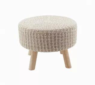 Cotton Hand Knitted Multipurpose Stool with Wood Legs<br> - A Perfect Addition To Complement Your Home Decor!<br> <br> Product Specifcation<br> Material: Sponge, Cotton,Polyester, MDF, Pine Wood, Plastic, Metal<br> Dimensions: 17.3"Dia, 13"H<br> Weight: 7.7 lbs<br> Color: Beige Seat + Natural Wood Legs<br> Weight Capacity: 150 lbs.<br> Style: Simple and Modern<br> <br> Features:<br> - This hand Knitted stool is both soft and stylish, made with a modest and lightweight design to allow for effortl