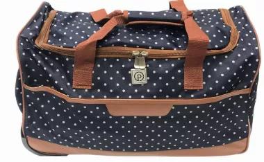 Travel in style with our 20" Rolling Duffel bags! With a convenient retractable handle and 2 wheels to carry and lug around all your luggage during travel. Navy blue polka dot pattern with brown interior lining. Double handles for hand carrying. Multiple pockets including front facing zip pouch and top loading zip opening.
